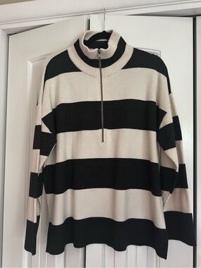 Blu Pepper Black and Cream Striped Half-Zip Sweater
